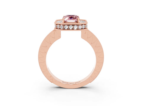 Rose gold Emerald Cut Halo Diamond Engagement Ring with Milgrain Pave Band and Four-Prong Setting_3