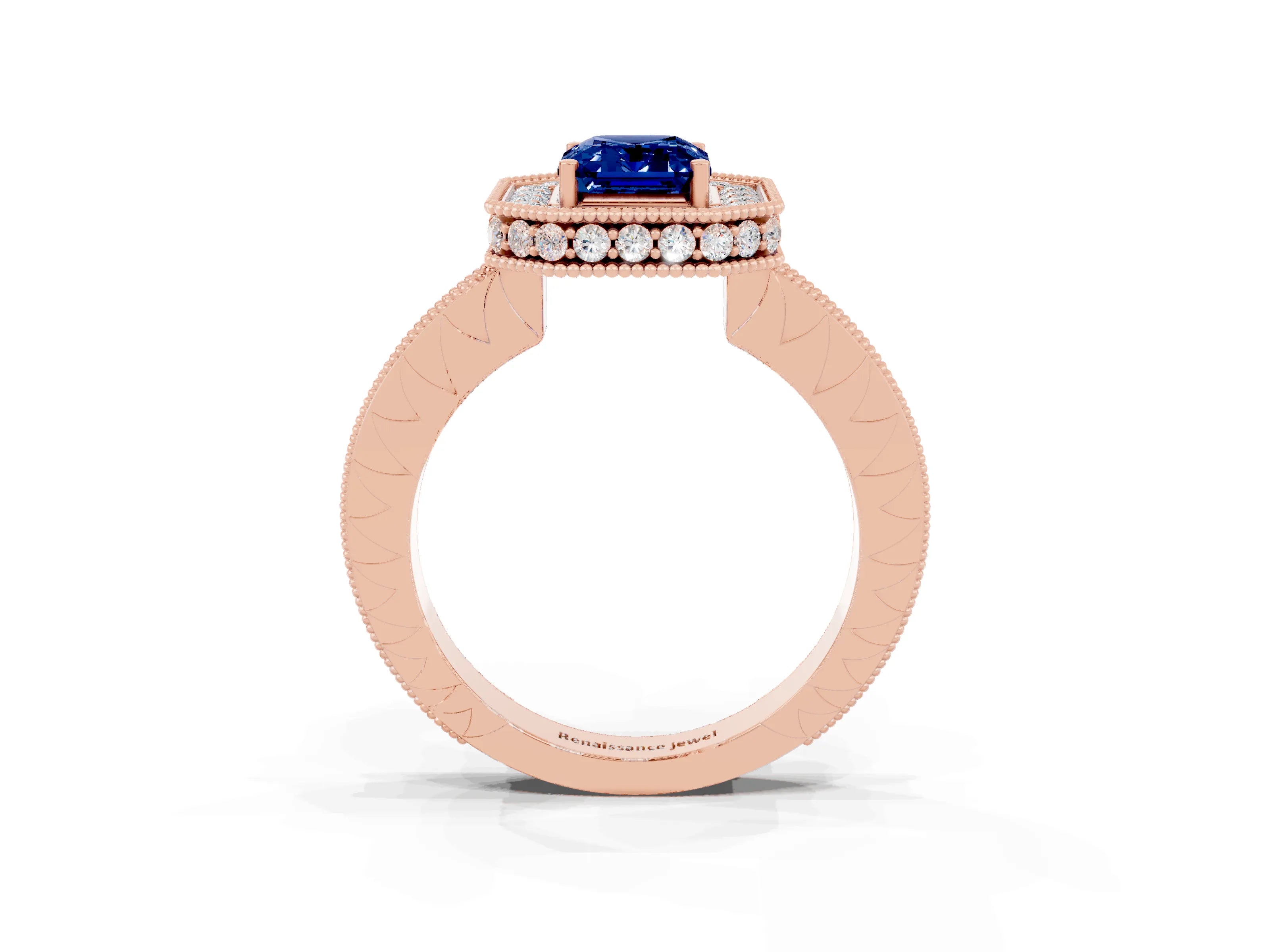 Rose gold Emerald Cut Halo Diamond Engagement Ring with Milgrain Pave Band and Four-Prong Setting_3