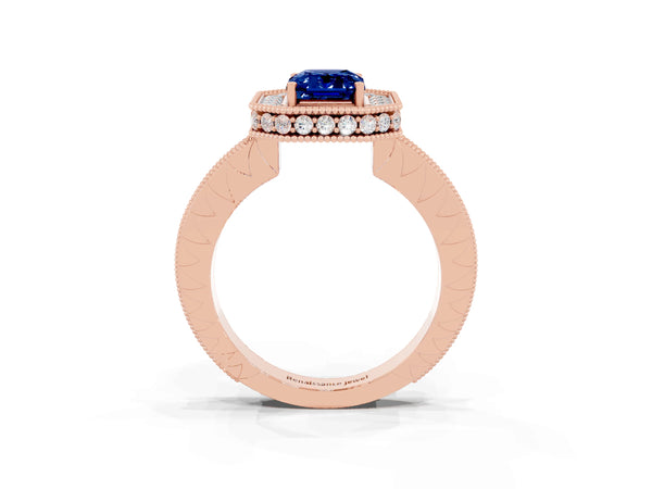 Rose gold Emerald Cut Halo Diamond Engagement Ring with Milgrain Pave Band and Four-Prong Setting