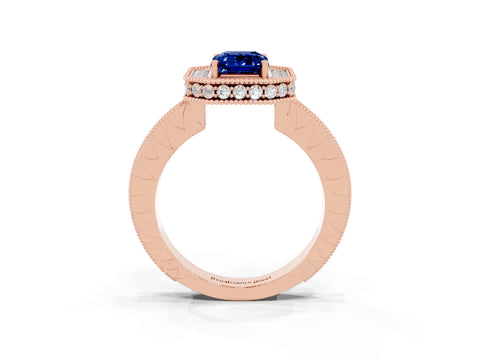 Rose gold Emerald Cut Halo Diamond Engagement Ring with Milgrain Pave Band and Four-Prong Setting_3