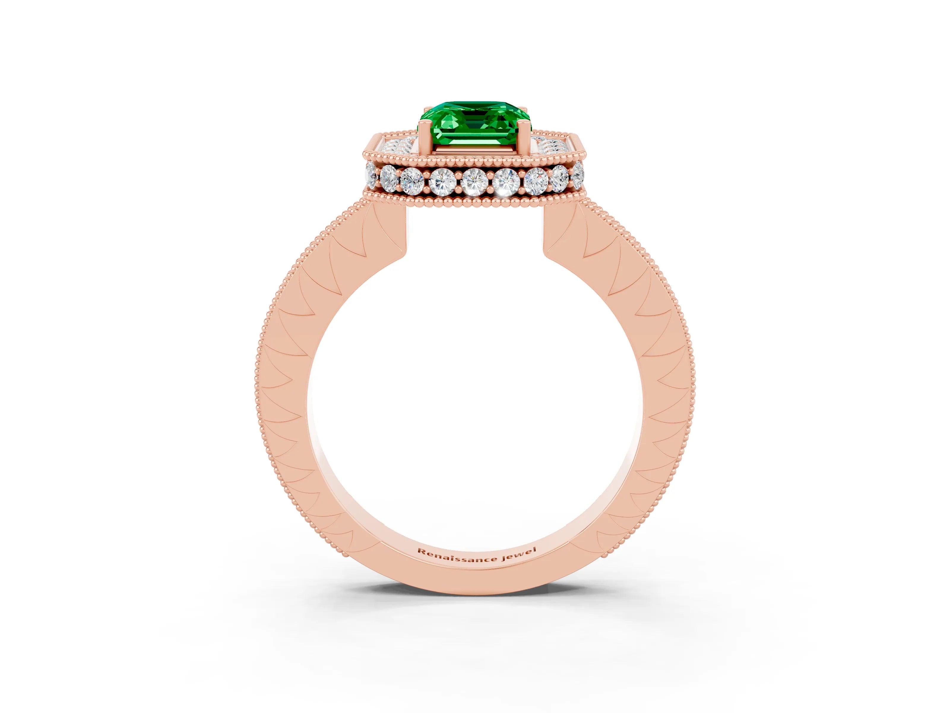 Rose gold Emerald Cut Halo Diamond Engagement Ring with Milgrain Pave Band and Four-Prong Setting_3