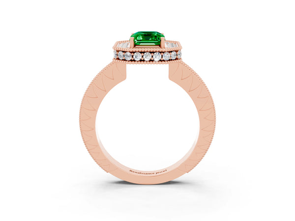 Rose gold Emerald Cut Halo Diamond Engagement Ring with Milgrain Pave Band and Four-Prong Setting