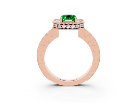 Rose gold Emerald Cut Halo Diamond Engagement Ring with Milgrain Pave Band and Four-Prong Setting_3