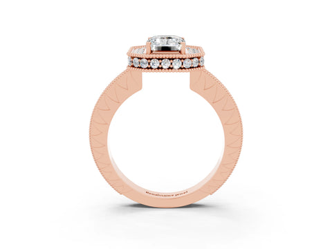 Rose gold Emerald Cut Halo Diamond Engagement Ring with Milgrain Pave Band and Four-Prong Setting_3