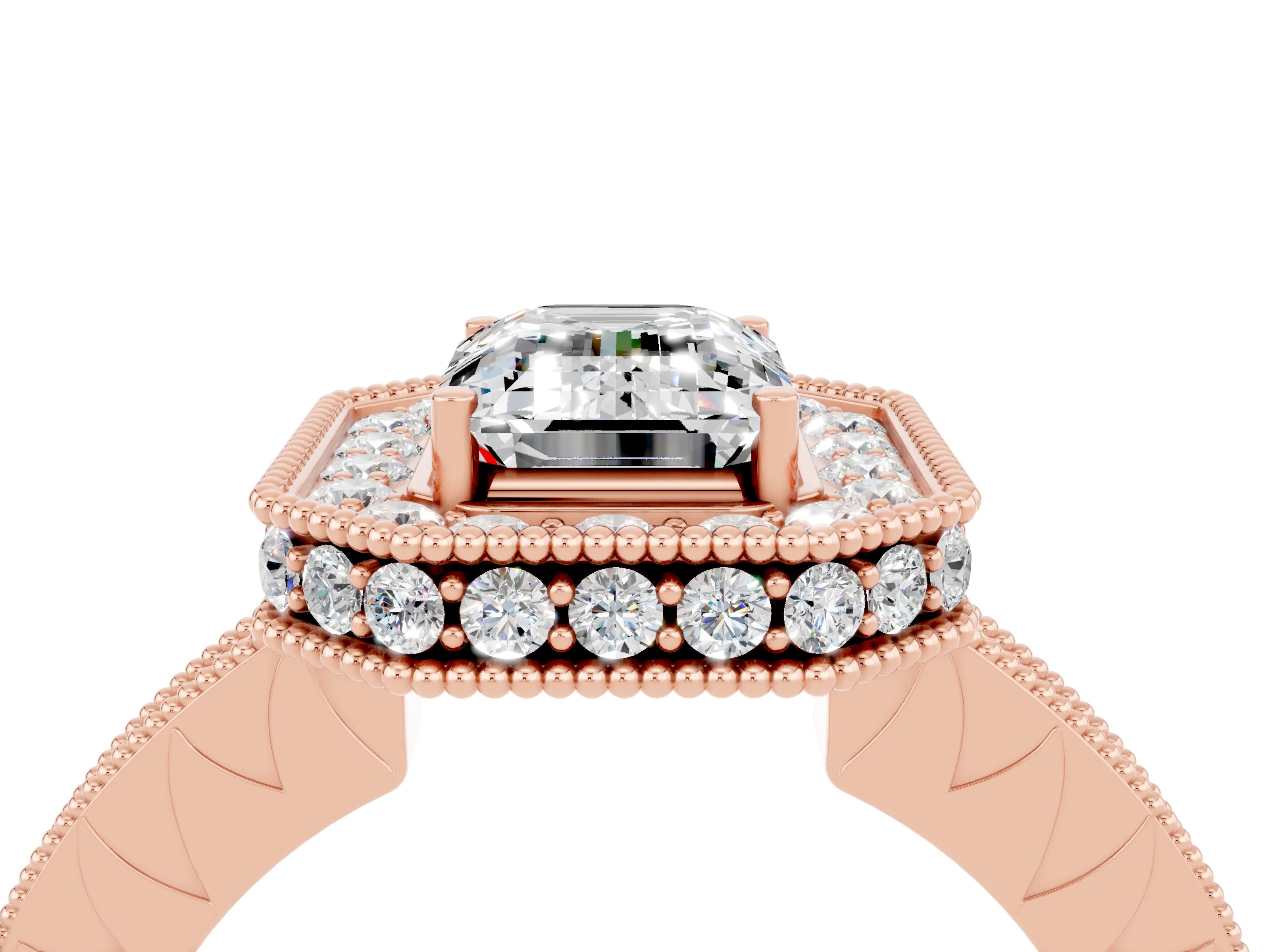 Rose gold Emerald Cut Halo Diamond Engagement Ring with Milgrain Pave Band and Four-Prong Setting_4