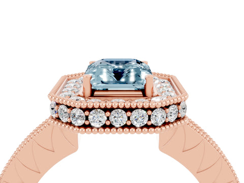 Rose gold Emerald Cut Halo Diamond Engagement Ring with Milgrain Pave Band and Four-Prong Setting_4
