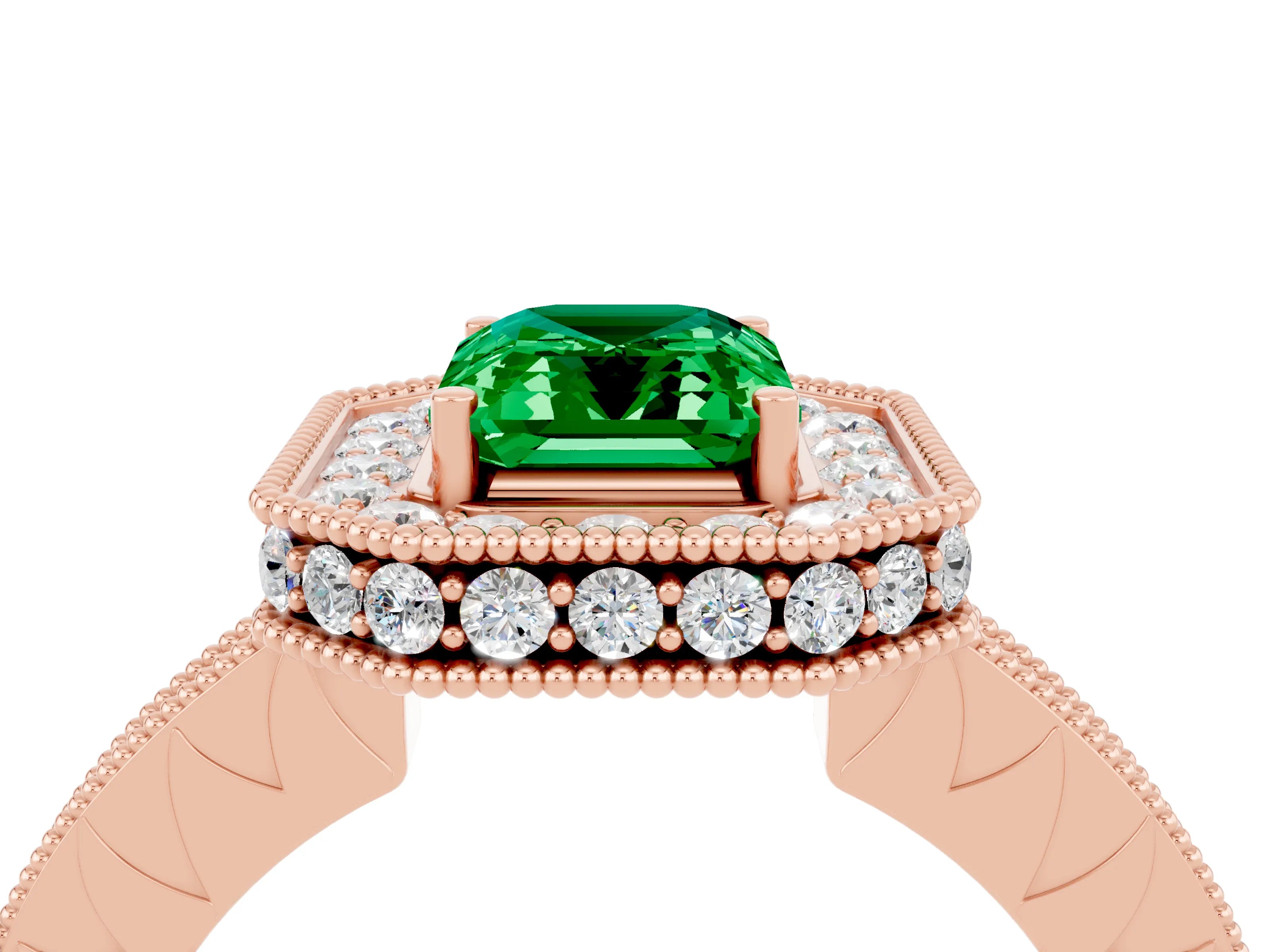 Rose gold Emerald Cut Halo Diamond Engagement Ring with Milgrain Pave Band and Four-Prong Setting_4
