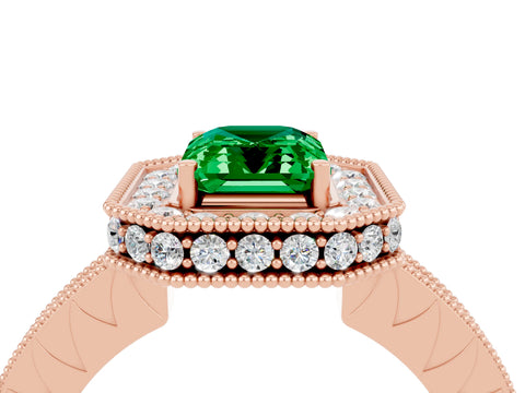 Rose gold Emerald Cut Halo Diamond Engagement Ring with Milgrain Pave Band and Four-Prong Setting_4