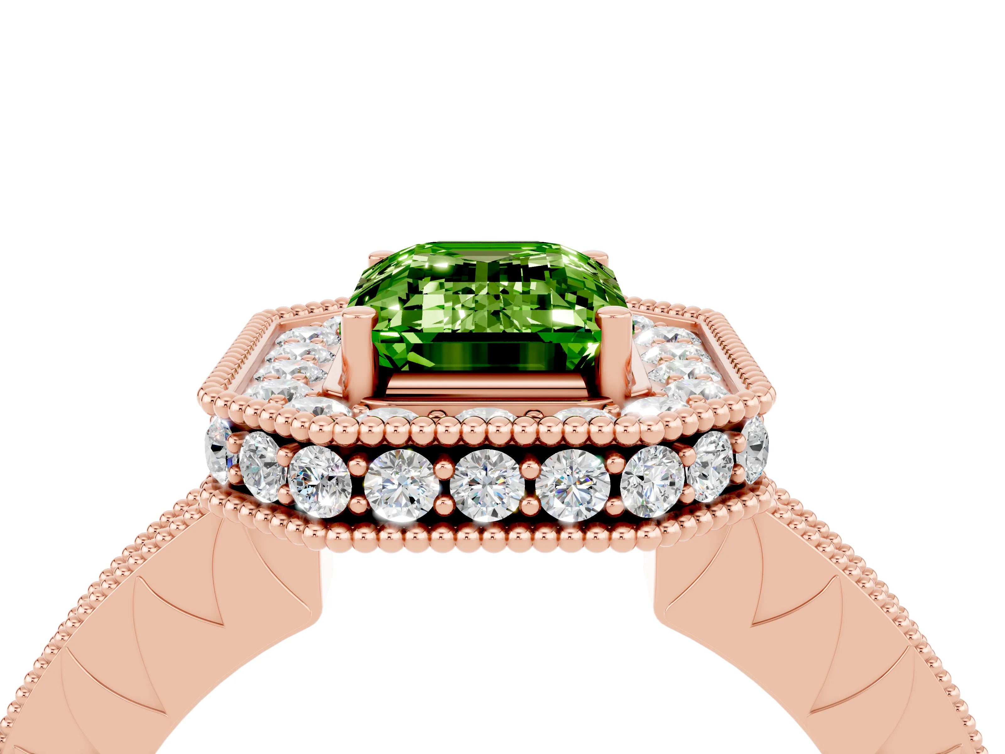 Rose gold Emerald Cut Halo Diamond Engagement Ring with Milgrain Pave Band and Four-Prong Setting_4