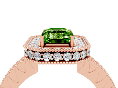 Rose gold Emerald Cut Halo Diamond Engagement Ring with Milgrain Pave Band and Four-Prong Setting_4