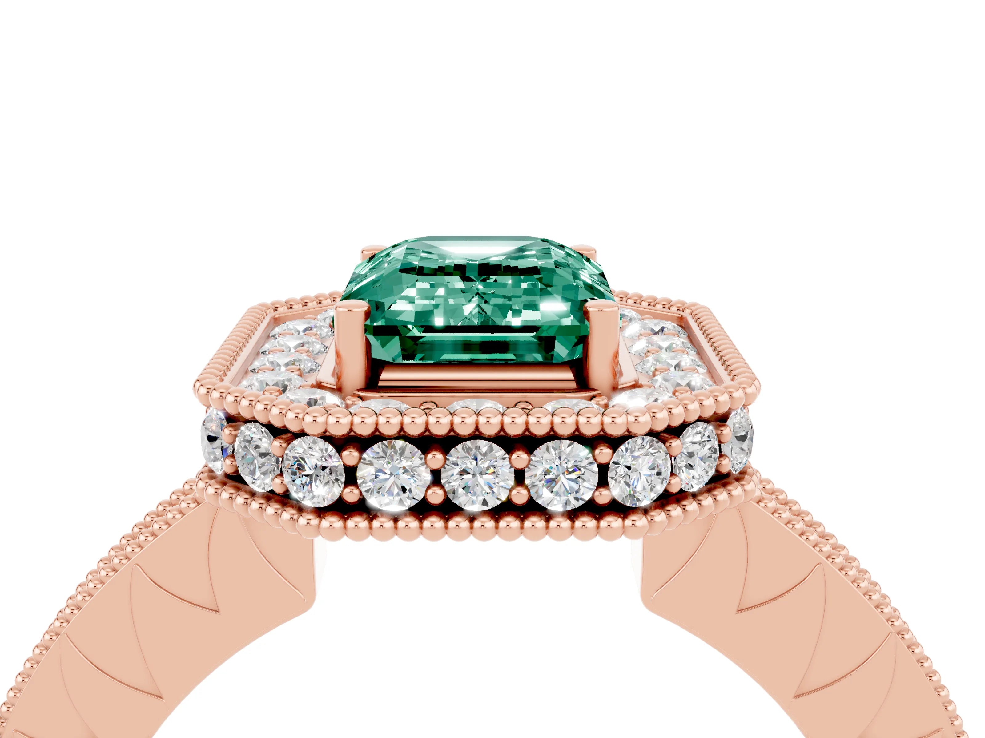 Rose gold Emerald Cut Halo Diamond Engagement Ring with Milgrain Pave Band and Four-Prong Setting_4