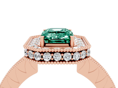 Rose gold Emerald Cut Halo Diamond Engagement Ring with Milgrain Pave Band and Four-Prong Setting_4