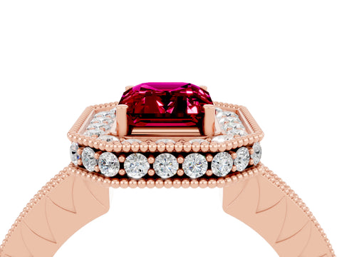 Rose gold Emerald Cut Halo Diamond Engagement Ring with Milgrain Pave Band and Four-Prong Setting_4