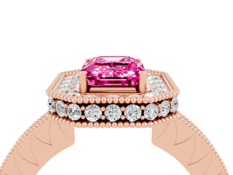 Rose gold Emerald Cut Halo Diamond Engagement Ring with Milgrain Pave Band and Four-Prong Setting_4