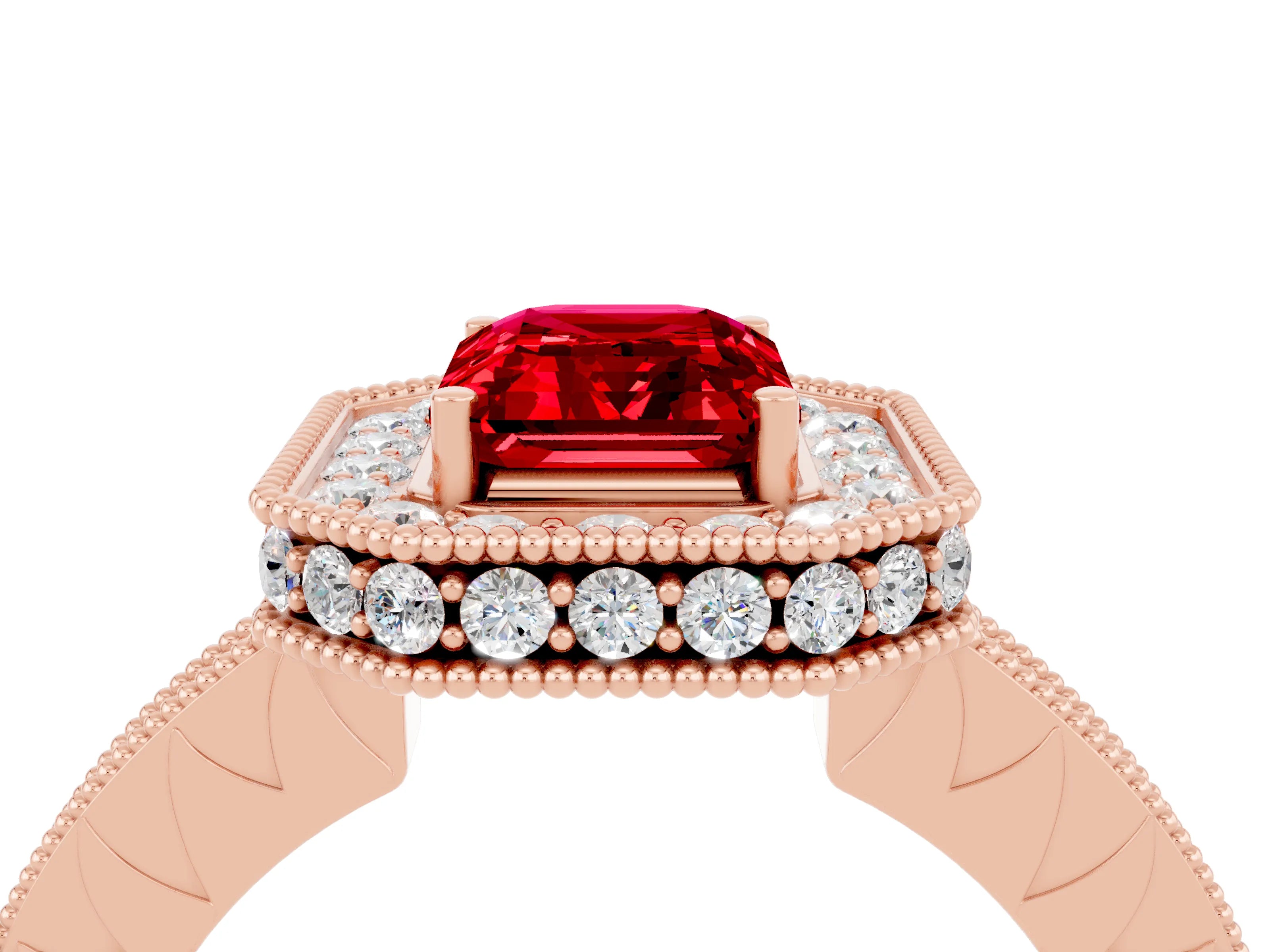 Rose gold Emerald Cut Halo Diamond Engagement Ring with Milgrain Pave Band and Four-Prong Setting_4
