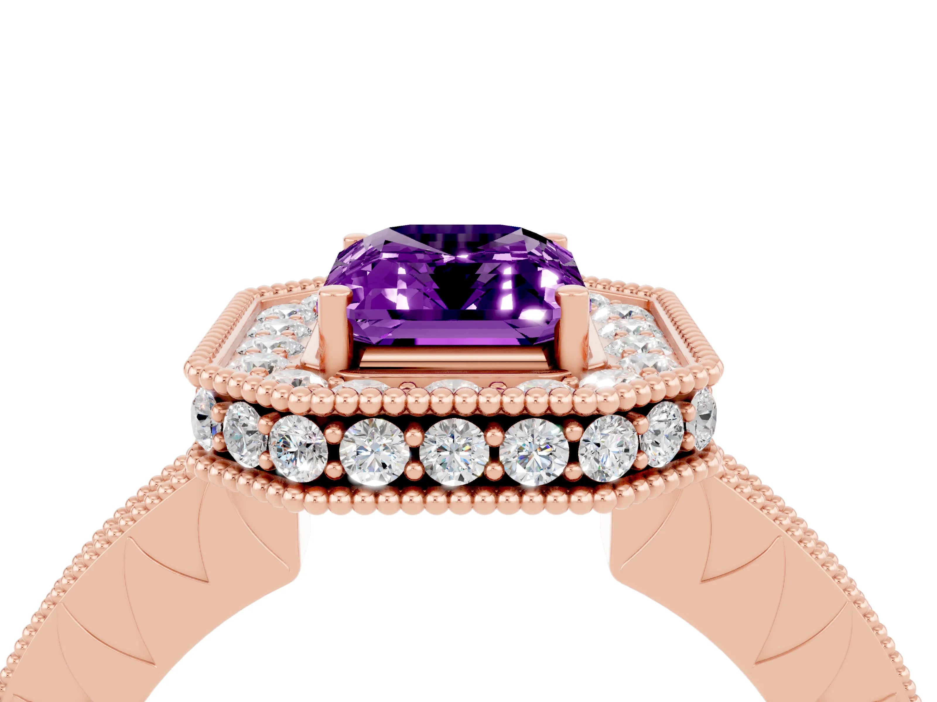 Rose gold Emerald Cut Halo Diamond Engagement Ring with Milgrain Pave Band and Four-Prong Setting_4