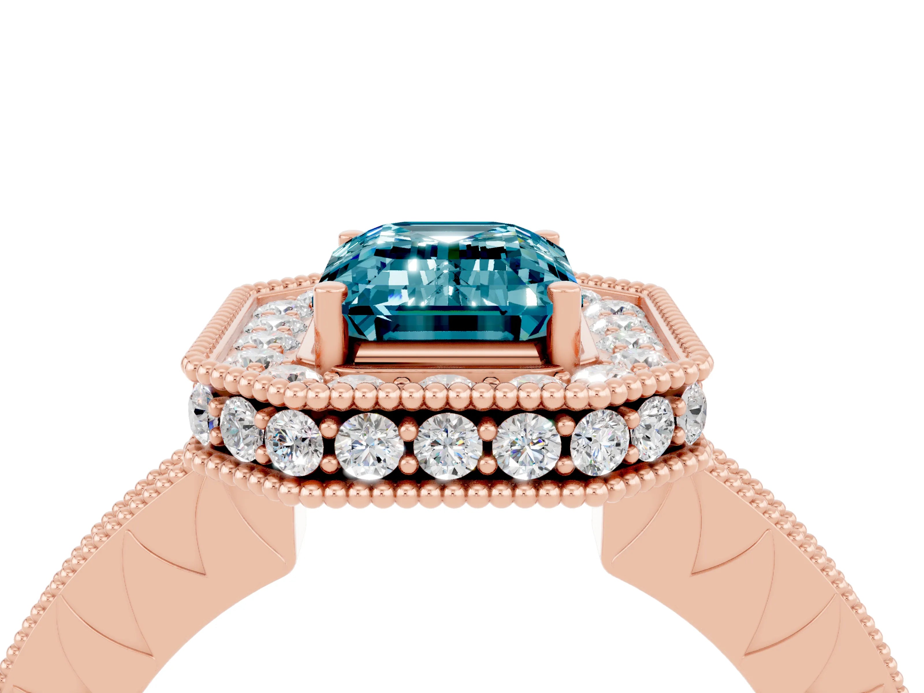 Rose gold Emerald Cut Halo Diamond Engagement Ring with Milgrain Pave Band and Four-Prong Setting_4
