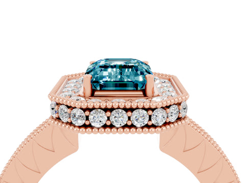 Rose gold Emerald Cut Halo Diamond Engagement Ring with Milgrain Pave Band and Four-Prong Setting_4