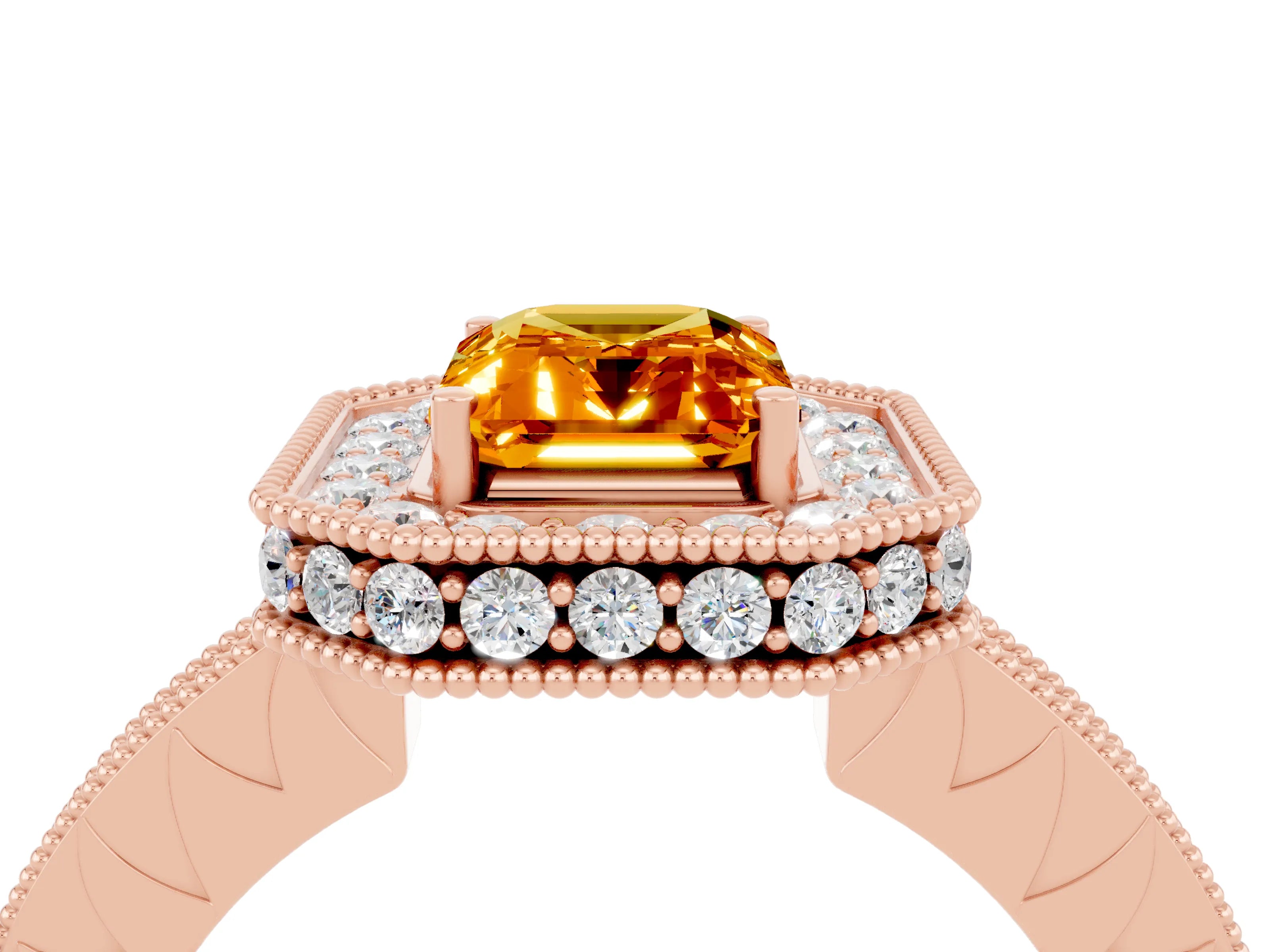 Rose gold Emerald Cut Halo Diamond Engagement Ring with Milgrain Pave Band and Four-Prong Setting_4