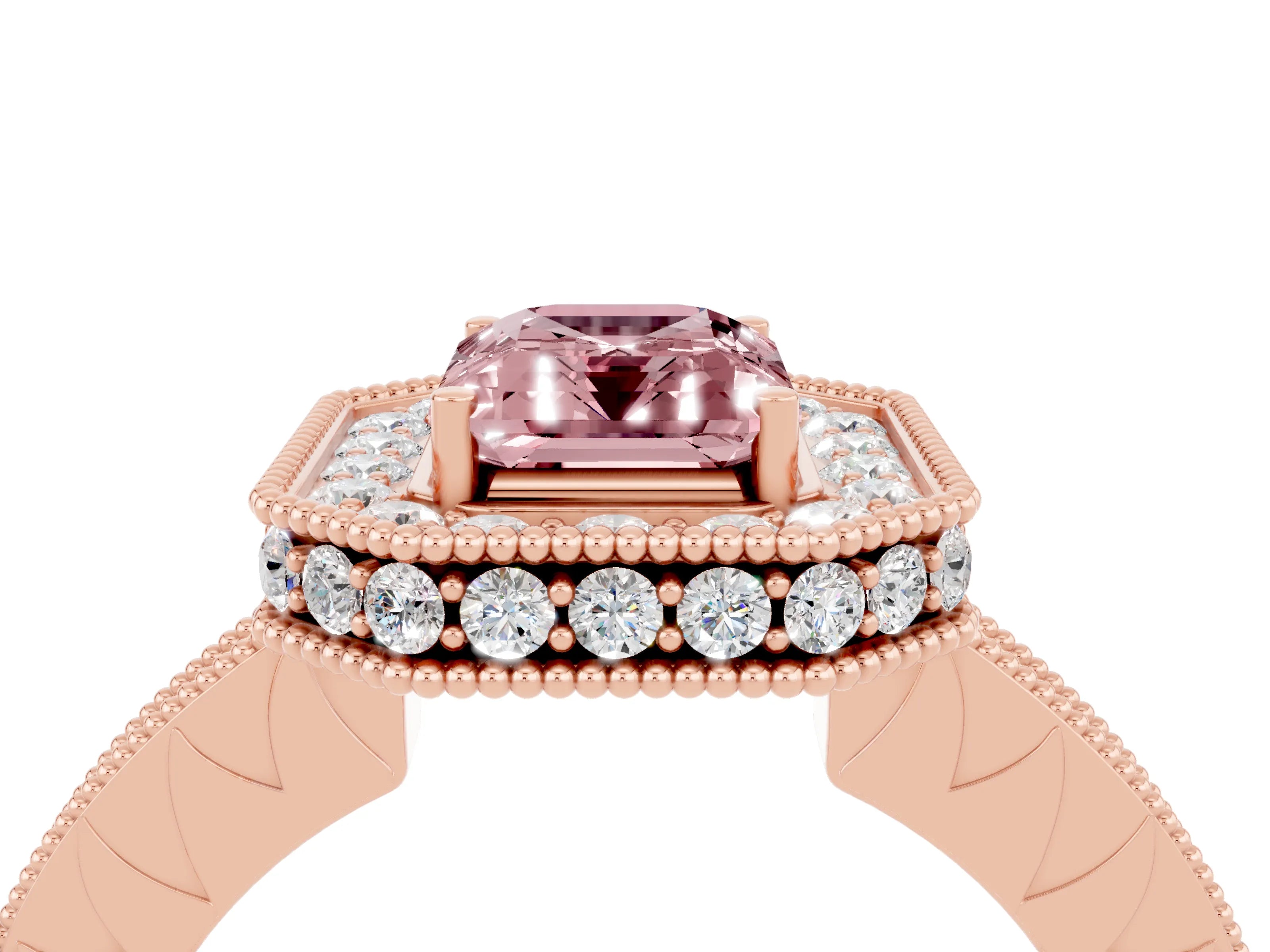 Rose gold Emerald Cut Halo Diamond Engagement Ring with Milgrain Pave Band and Four-Prong Setting_4