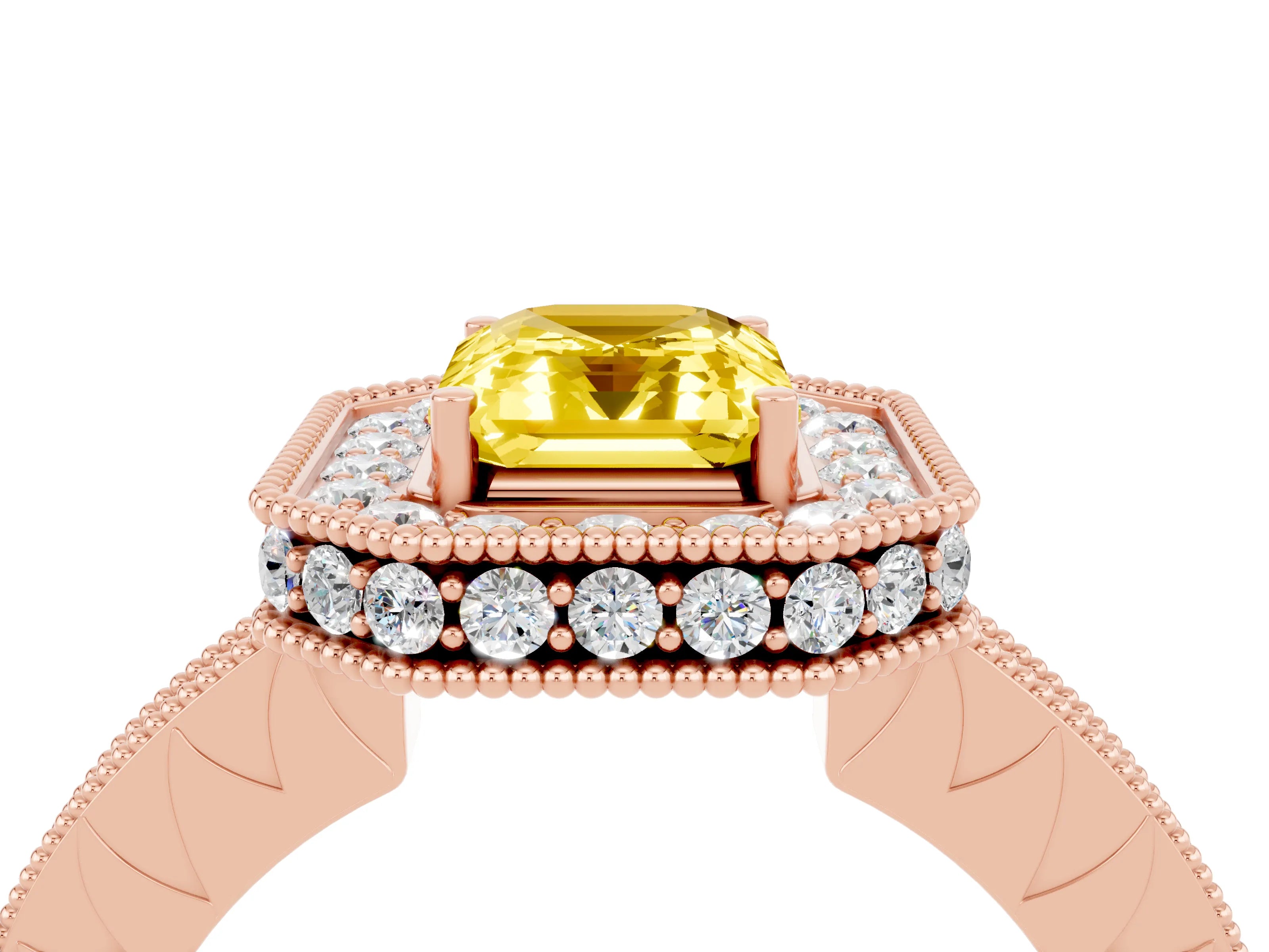 Rose gold Emerald Cut Halo Diamond Engagement Ring with Milgrain Pave Band and Four-Prong Setting_4