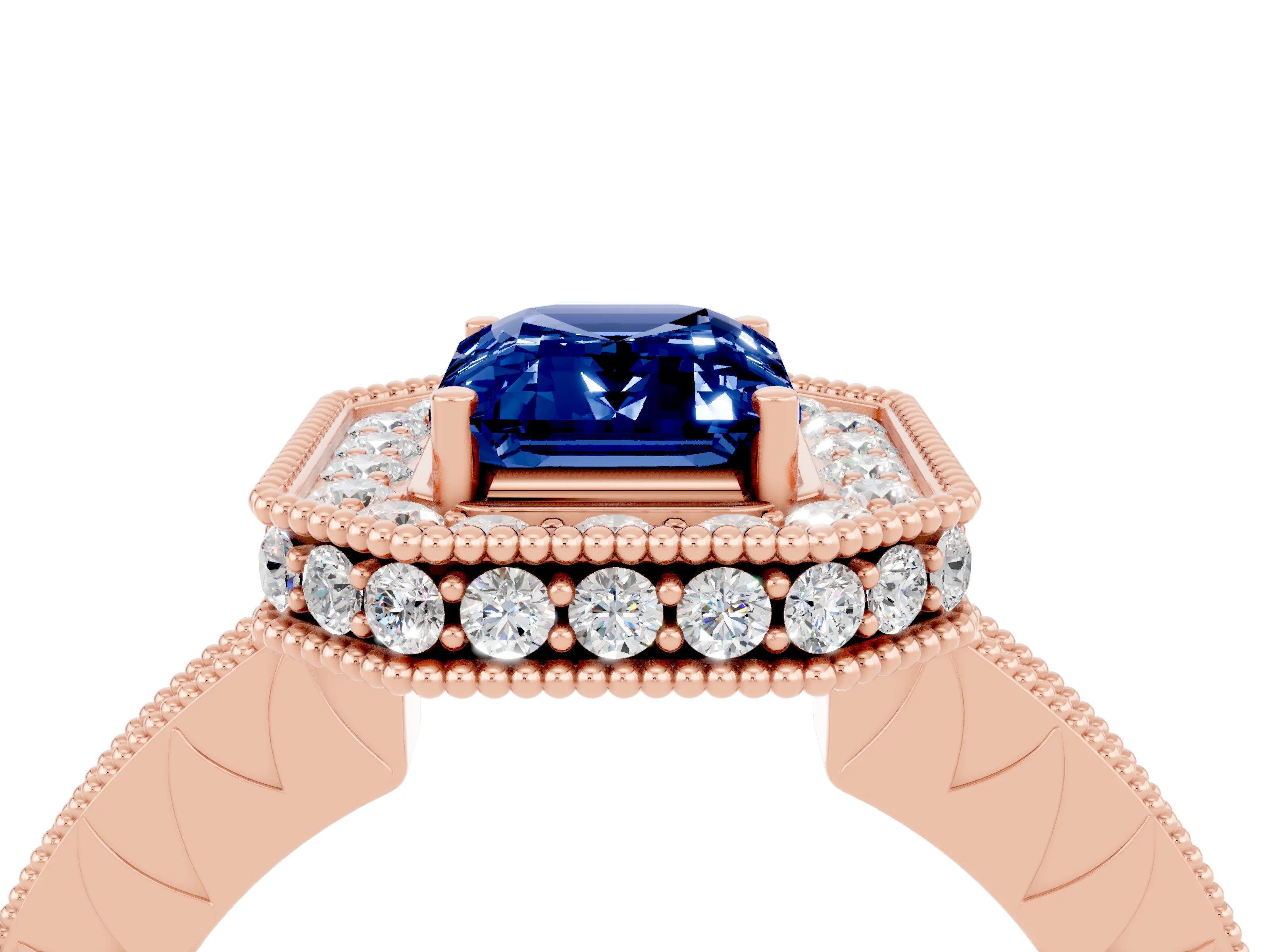Rose gold Emerald Cut Halo Diamond Engagement Ring with Milgrain Pave Band and Four-Prong Setting_4