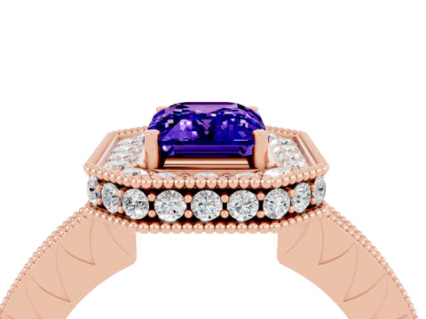 Rose gold Emerald Cut Halo Diamond Engagement Ring with Milgrain Pave Band and Four-Prong Setting_4