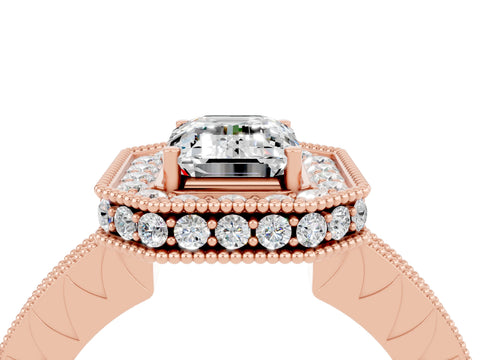 Rose gold Emerald Cut Halo Diamond Engagement Ring with Milgrain Pave Band and Four-Prong Setting_4