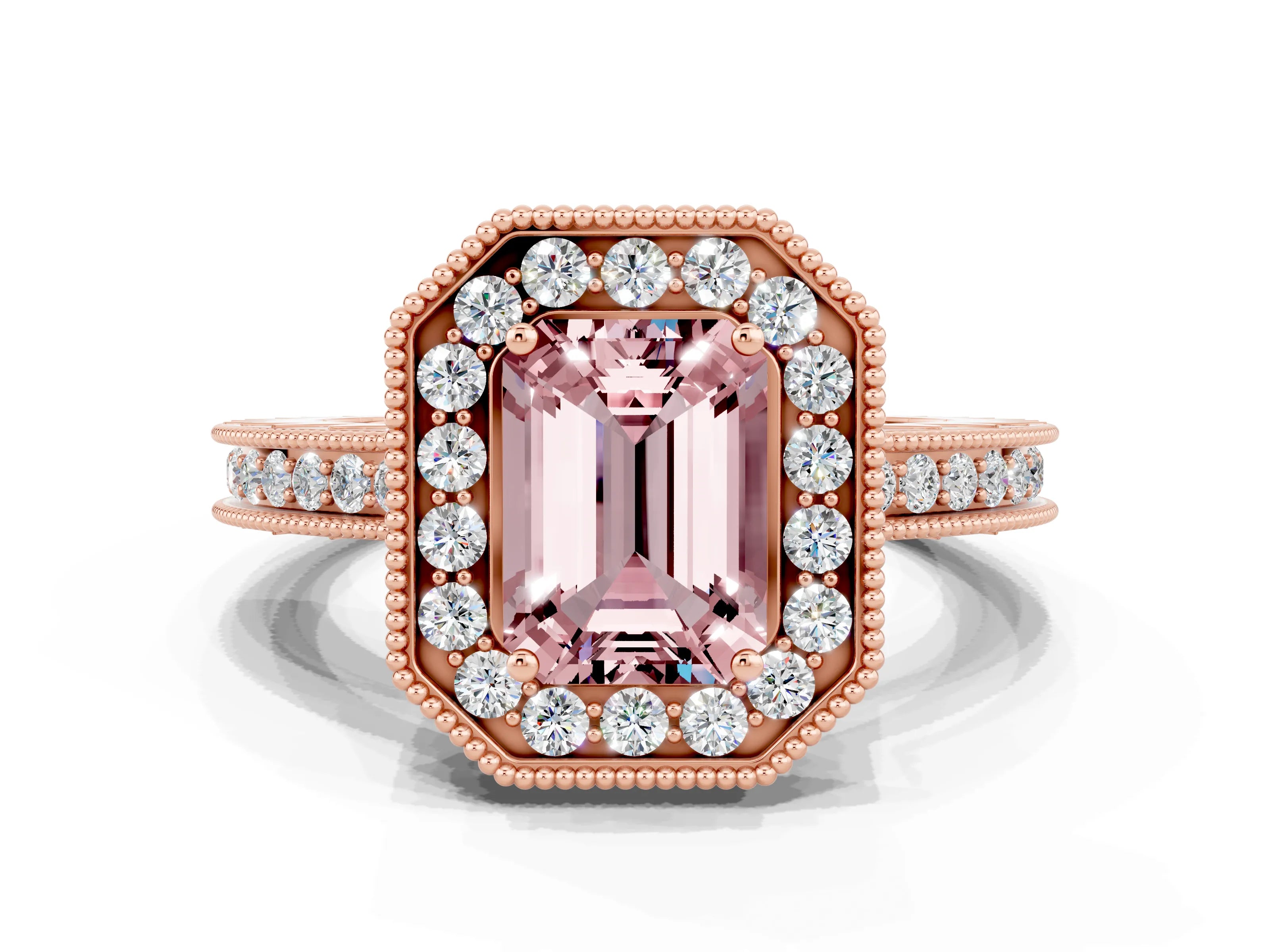 Rose gold Emerald Cut Halo Diamond Engagement Ring with Milgrain Pave Band and Four-Prong Setting