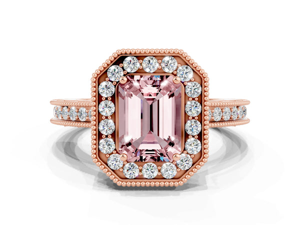 Rose gold Emerald Cut Halo Diamond Engagement Ring with Milgrain Pave Band and Four-Prong Setting