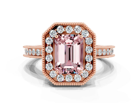Rose gold Emerald Cut Halo Diamond Engagement Ring with Milgrain Pave Band and Four-Prong Setting