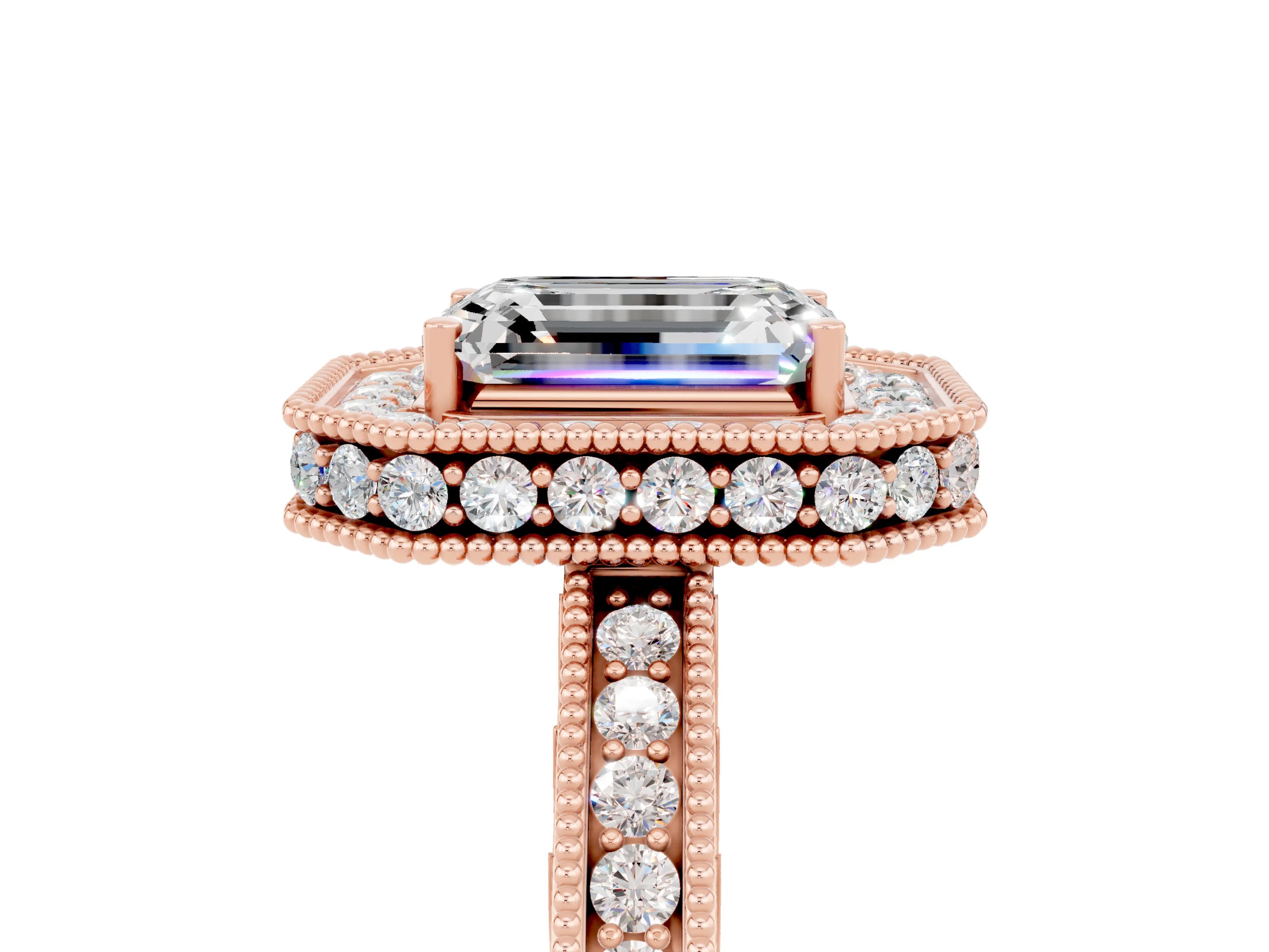 Rose gold Emerald Cut Halo Diamond Engagement Ring with Milgrain Pave Band and Four-Prong Setting_5