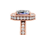 Rose gold Emerald Cut Halo Diamond Engagement Ring with Milgrain Pave Band and Four-Prong Setting_5