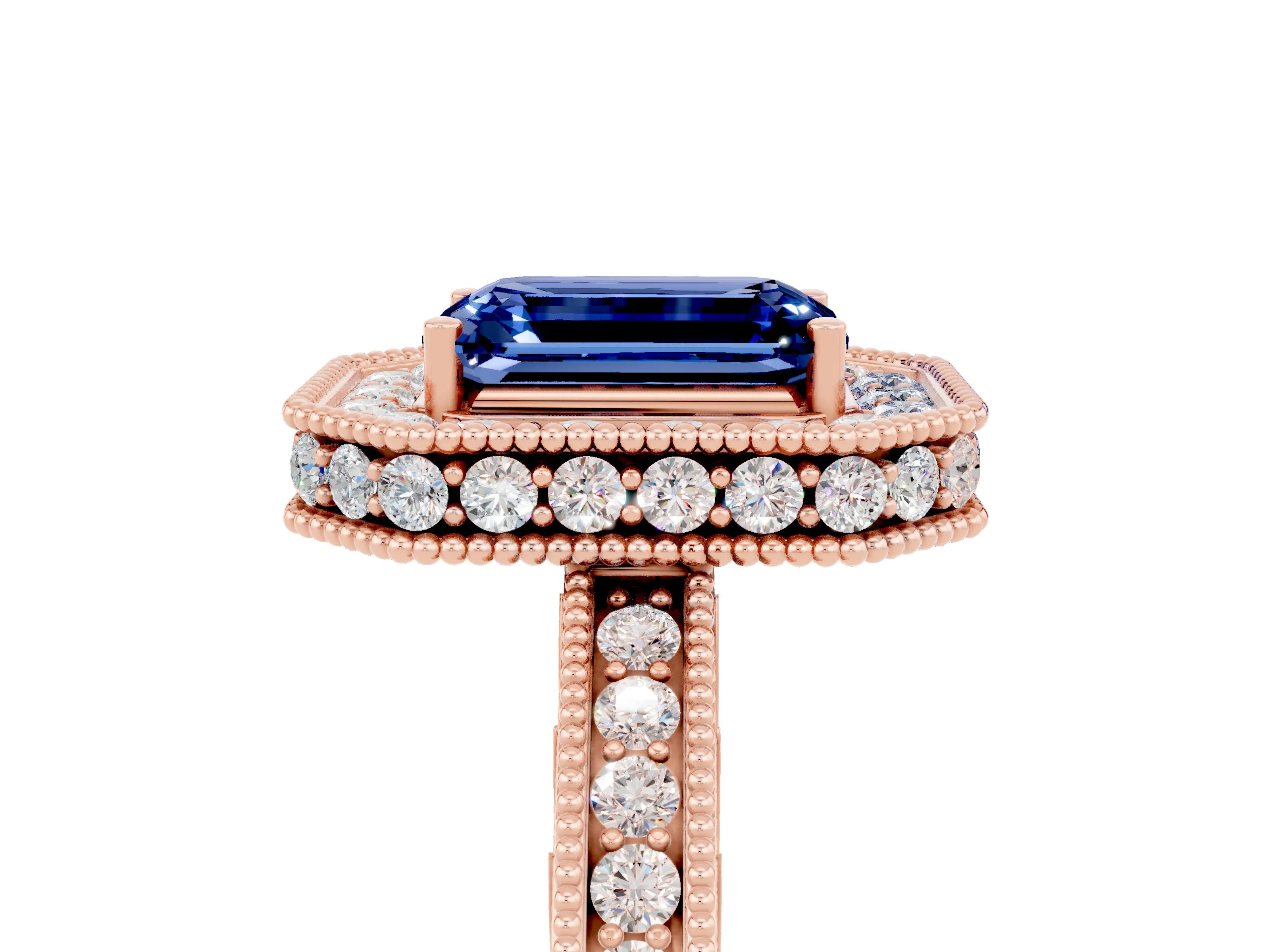 Rose gold Emerald Cut Halo Diamond Engagement Ring with Milgrain Pave Band and Four-Prong Setting_5