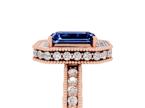 Rose gold Emerald Cut Halo Diamond Engagement Ring with Milgrain Pave Band and Four-Prong Setting_5