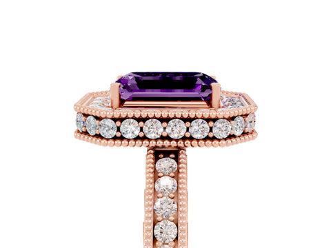 Rose gold Emerald Cut Halo Diamond Engagement Ring with Milgrain Pave Band and Four-Prong Setting_5