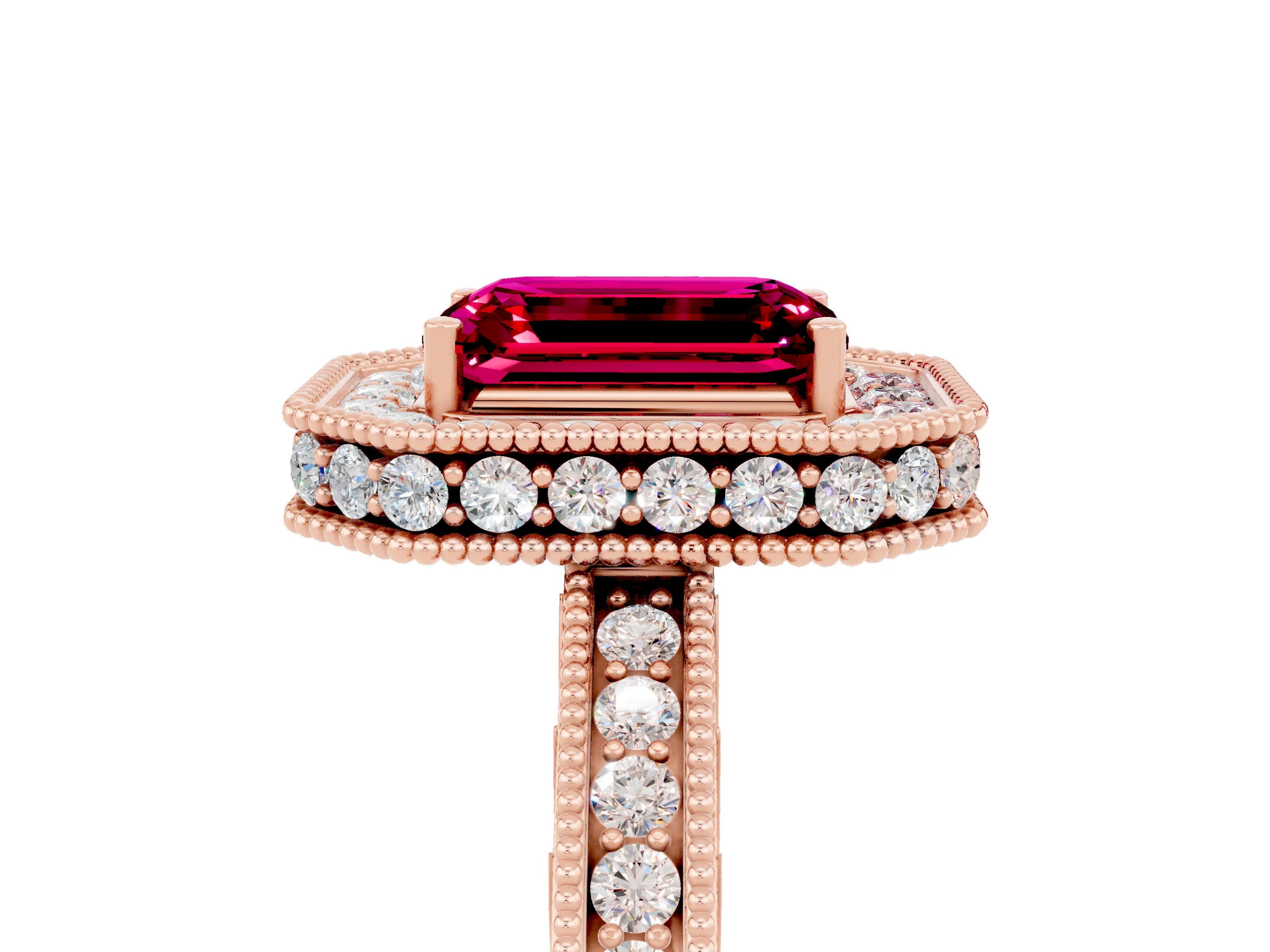 Rose gold Emerald Cut Halo Diamond Engagement Ring with Milgrain Pave Band and Four-Prong Setting_5