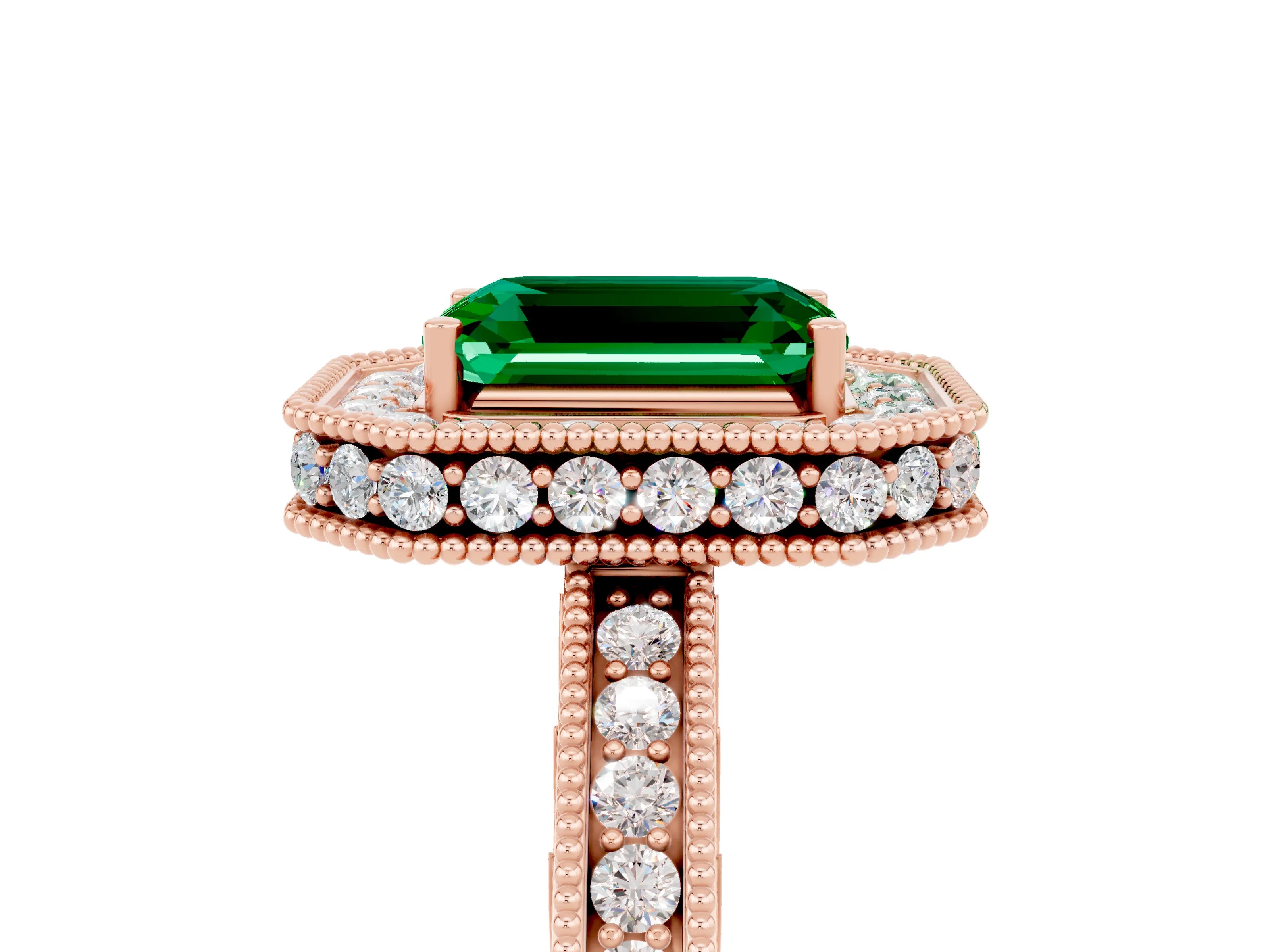 Rose gold Emerald Cut Halo Diamond Engagement Ring with Milgrain Pave Band and Four-Prong Setting_5