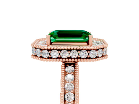 Rose gold Emerald Cut Halo Diamond Engagement Ring with Milgrain Pave Band and Four-Prong Setting_5