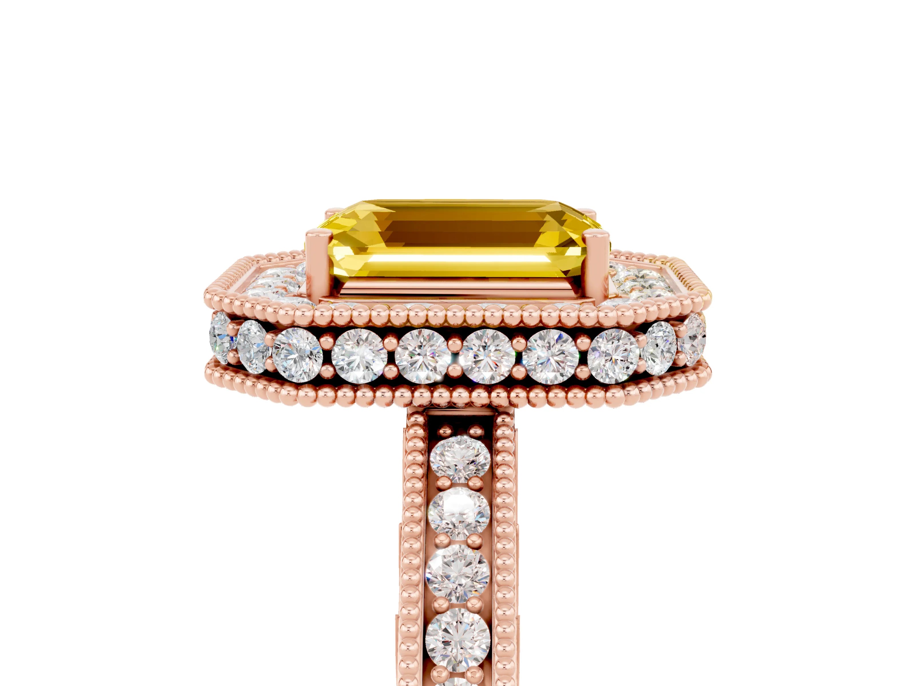 Rose gold Emerald Cut Halo Diamond Engagement Ring with Milgrain Pave Band and Four-Prong Setting_5