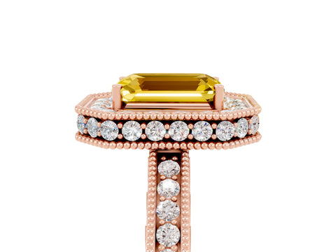 Rose gold Emerald Cut Halo Diamond Engagement Ring with Milgrain Pave Band and Four-Prong Setting_5