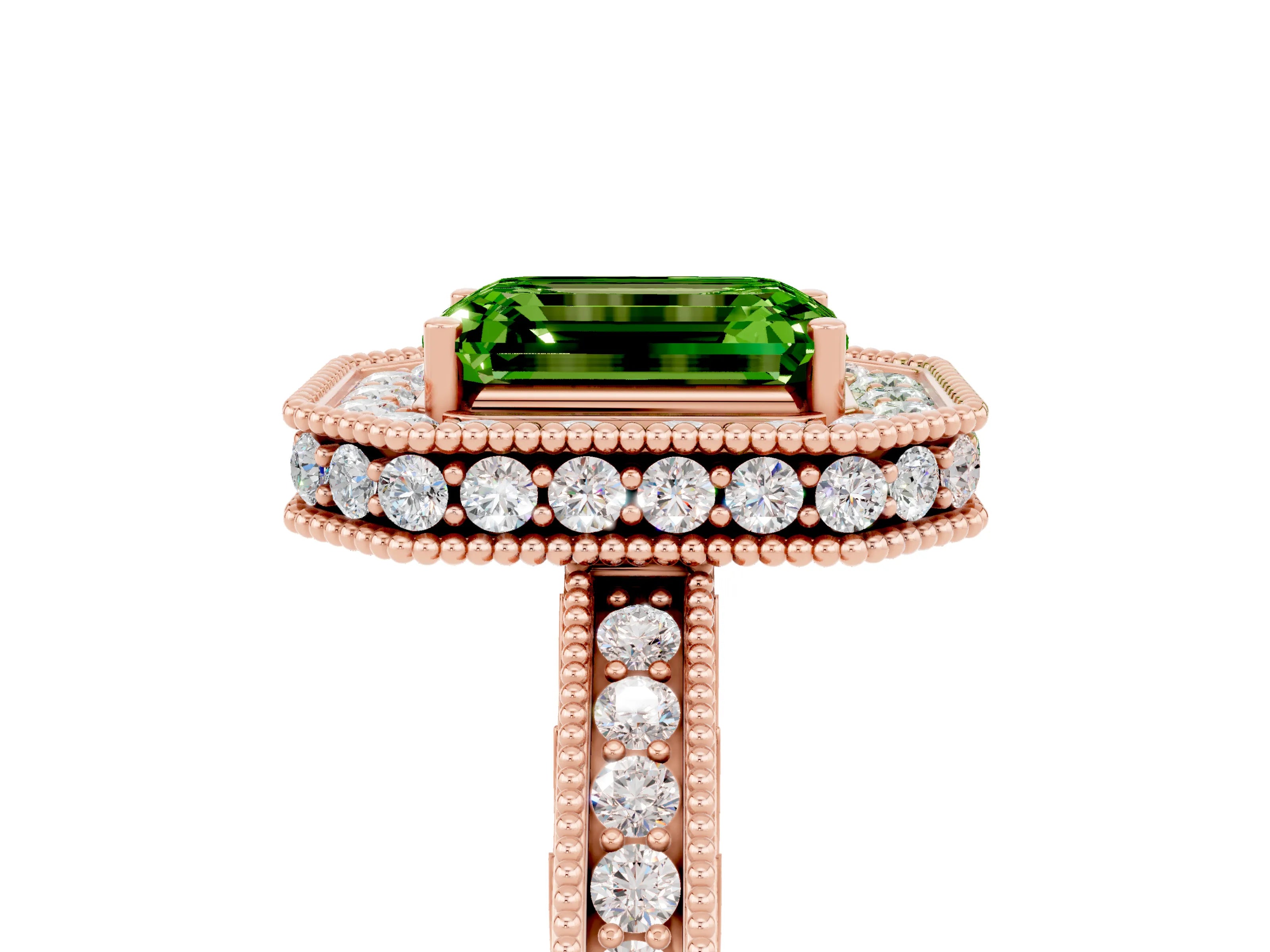 Rose gold Emerald Cut Halo Diamond Engagement Ring with Milgrain Pave Band and Four-Prong Setting_5