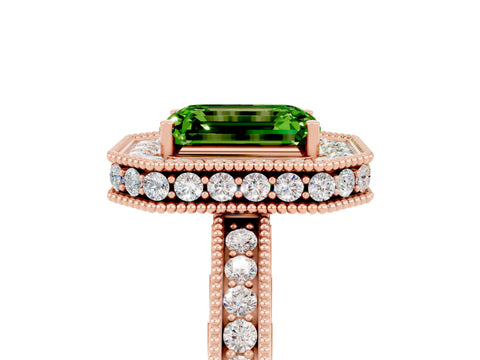 Rose gold Emerald Cut Halo Diamond Engagement Ring with Milgrain Pave Band and Four-Prong Setting_5