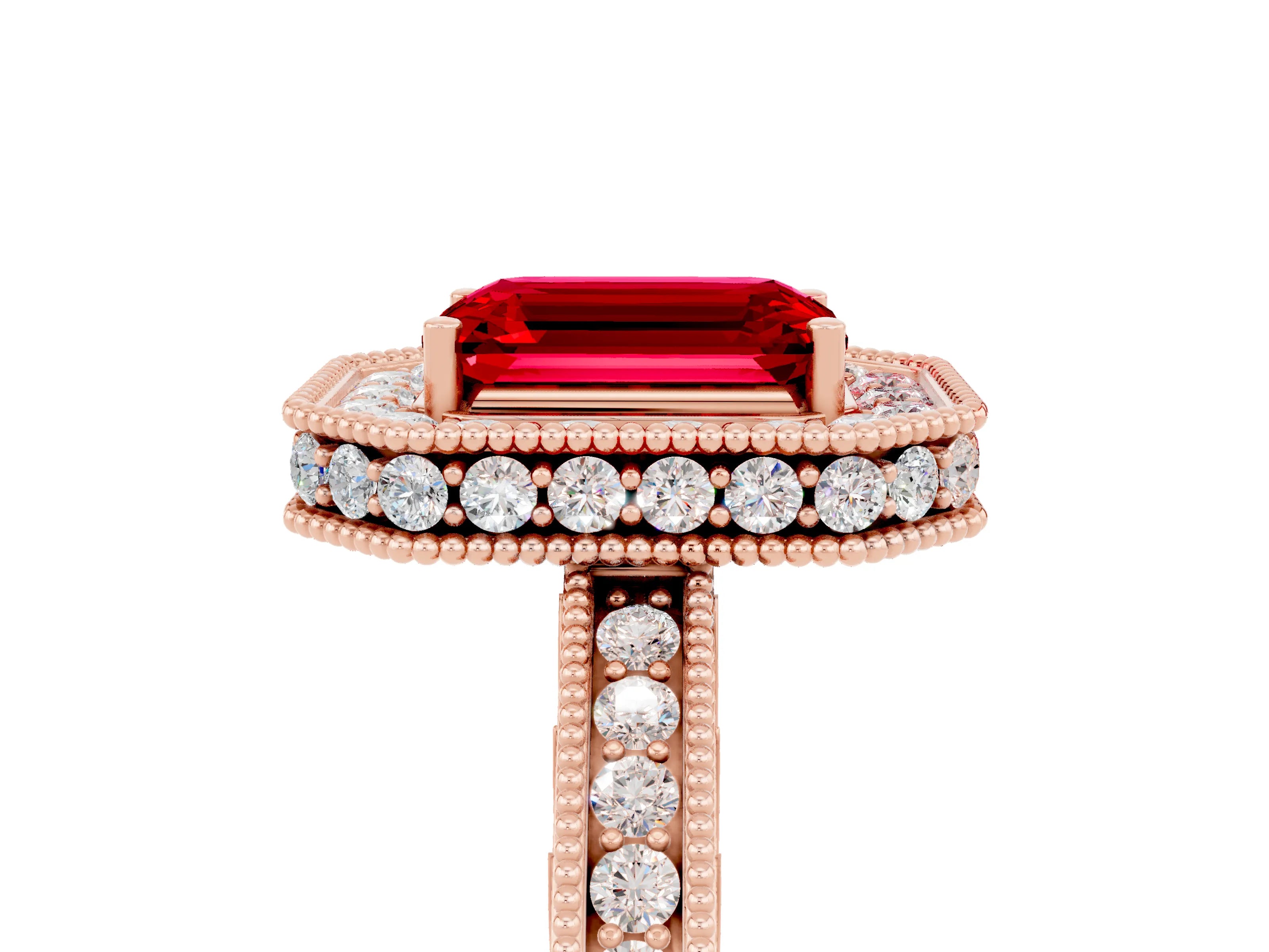 Rose gold Emerald Cut Halo Diamond Engagement Ring with Milgrain Pave Band and Four-Prong Setting_5