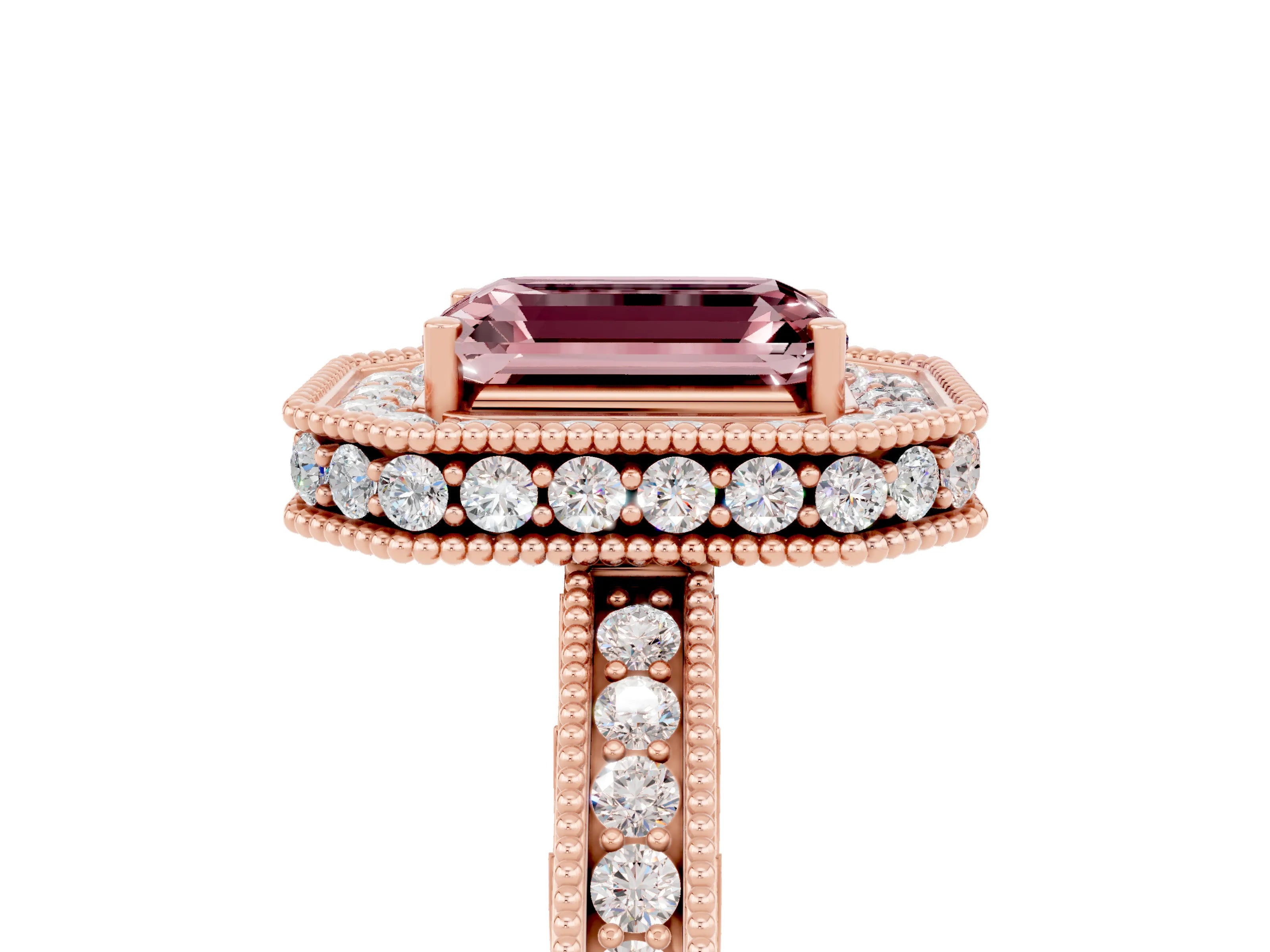 Rose gold Emerald Cut Halo Diamond Engagement Ring with Milgrain Pave Band and Four-Prong Setting_5