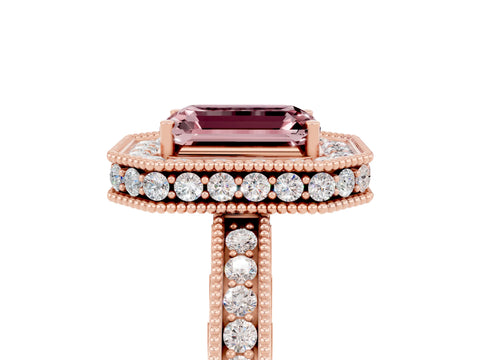 Rose gold Emerald Cut Halo Diamond Engagement Ring with Milgrain Pave Band and Four-Prong Setting_5