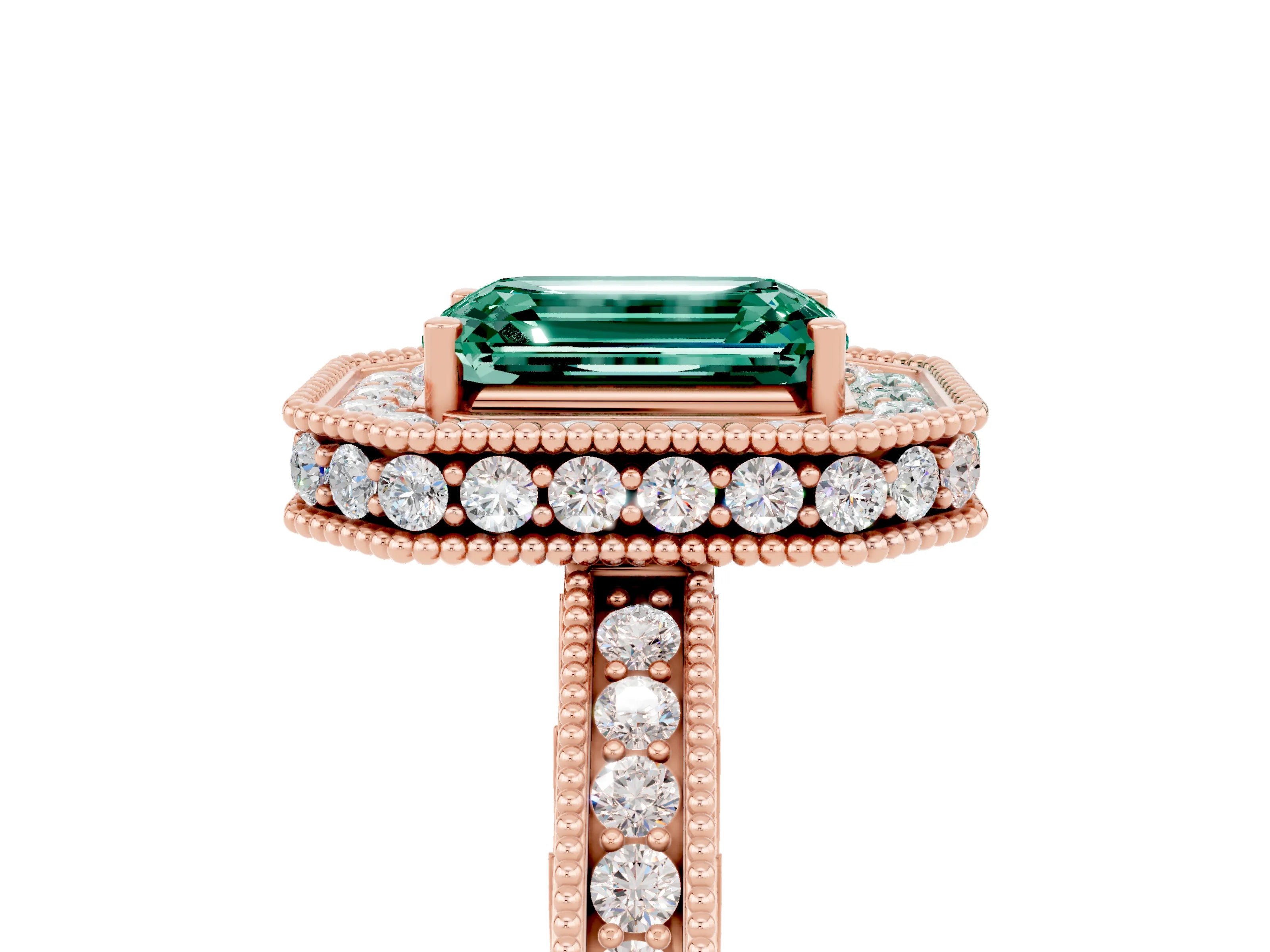Rose gold Emerald Cut Halo Diamond Engagement Ring with Milgrain Pave Band and Four-Prong Setting_5
