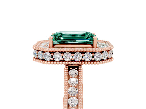 Rose gold Emerald Cut Halo Diamond Engagement Ring with Milgrain Pave Band and Four-Prong Setting_5