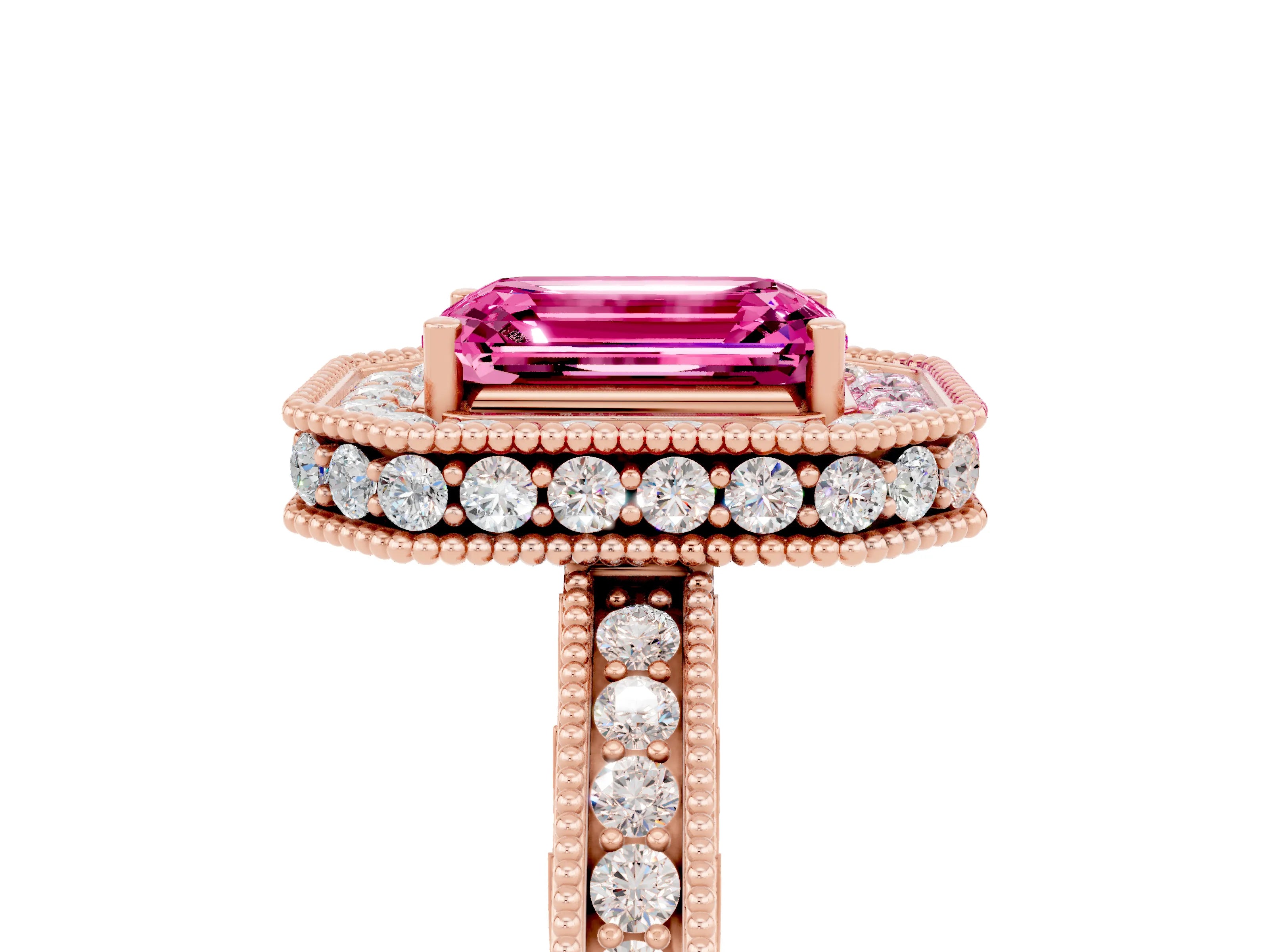 Rose gold Emerald Cut Halo Diamond Engagement Ring with Milgrain Pave Band and Four-Prong Setting_5