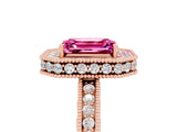 Rose gold Emerald Cut Halo Diamond Engagement Ring with Milgrain Pave Band and Four-Prong Setting_5